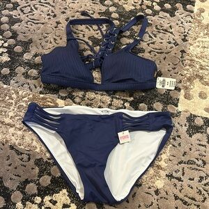 Victorias Secret PINK 2 pc Navy Blue Lace up Bikini Sz Med NWT ink blue